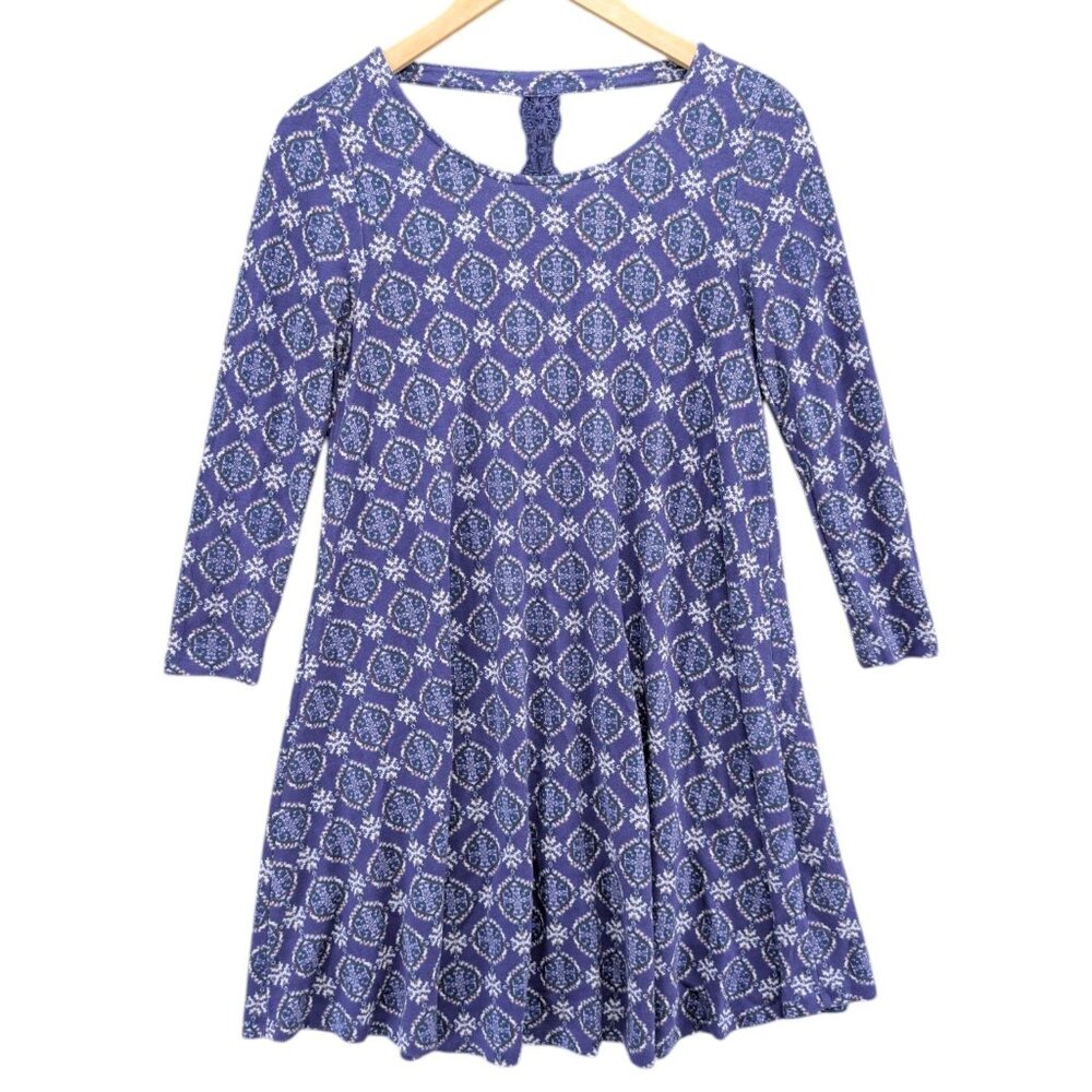 Alna Be Mini Dress Purple Medallion Print Long Sleeve T Back Pullover Size S
